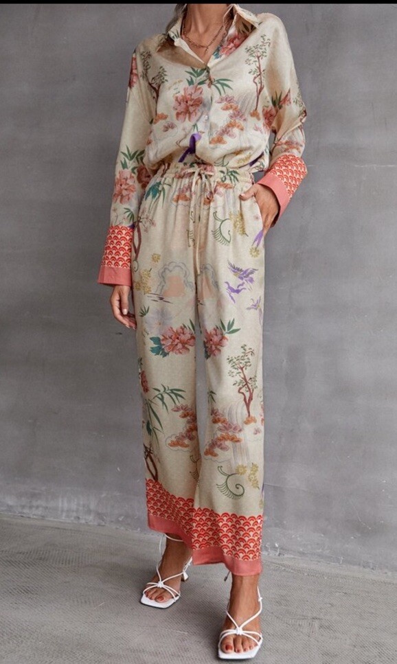 Pink Ripple Satin Oriental Floral Bird Printed Set Novel Printed Size M