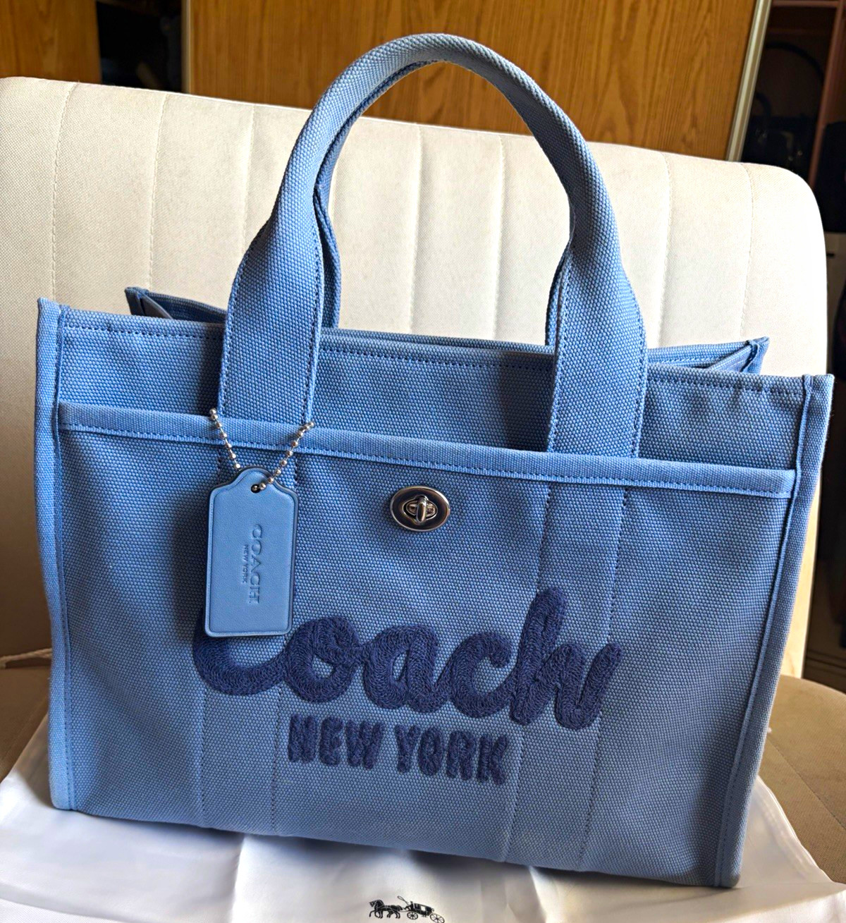 Coach Slate Blue Cargo Tote with Silver Hardware and Crossbody Strap