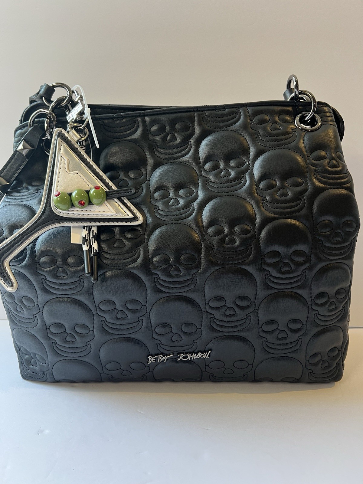 Betsey Johnson Black Skull Embossed Martini Studded Tote Bag New