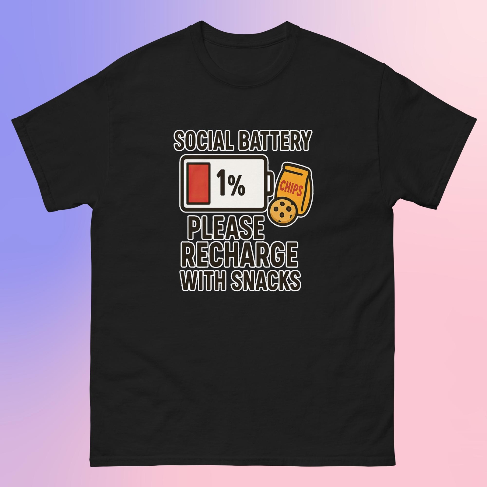 Funny Introvert T-Shirt – Social Battery 1% Please Recharge With Snacks