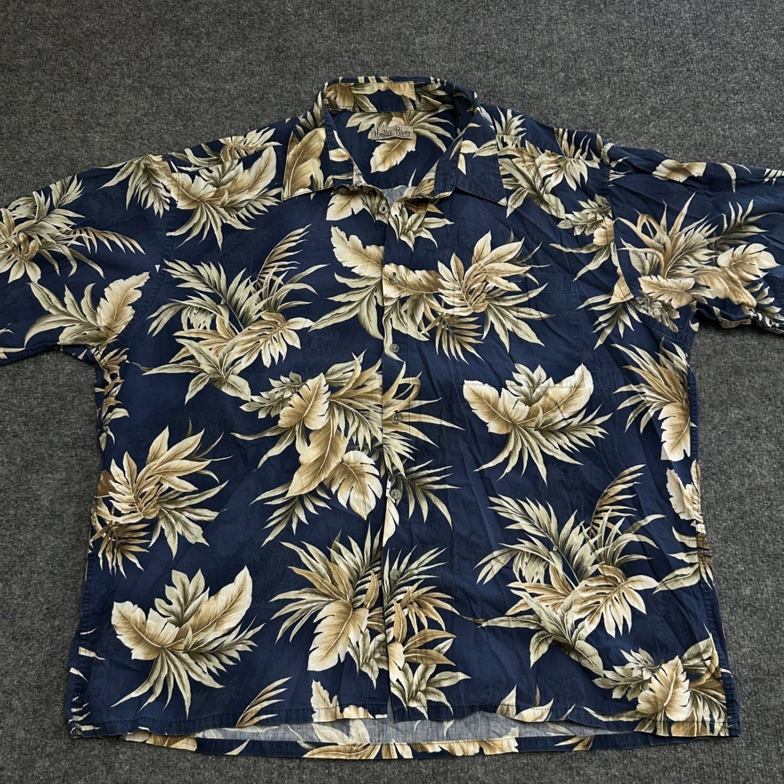 Hollis River Shirt Mens XXL Navy Blue Tropical Leaf Print Button Up Casual