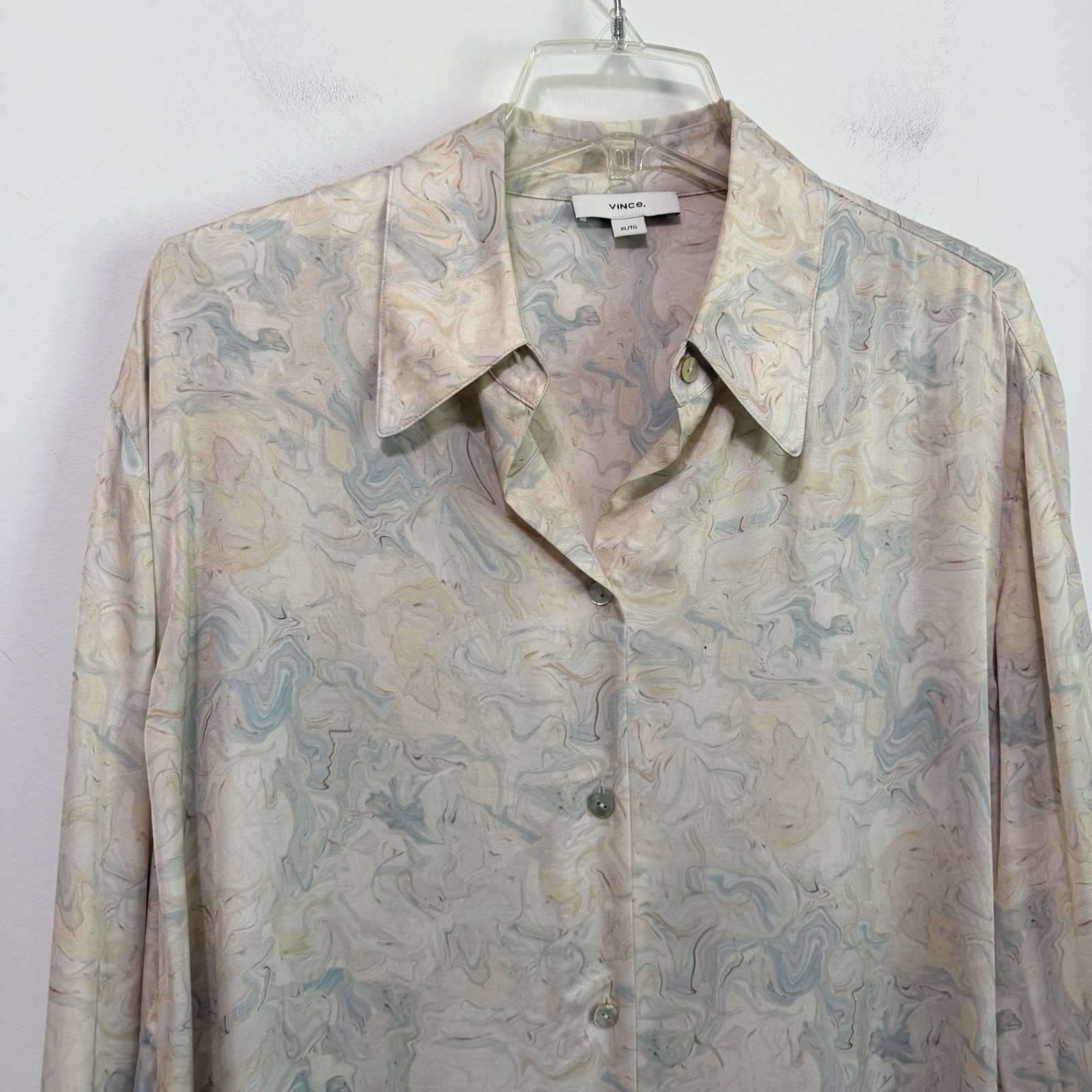 Vince Marble Print Blouse XL Relaxed Button Front Long Sleeve Party Career Top