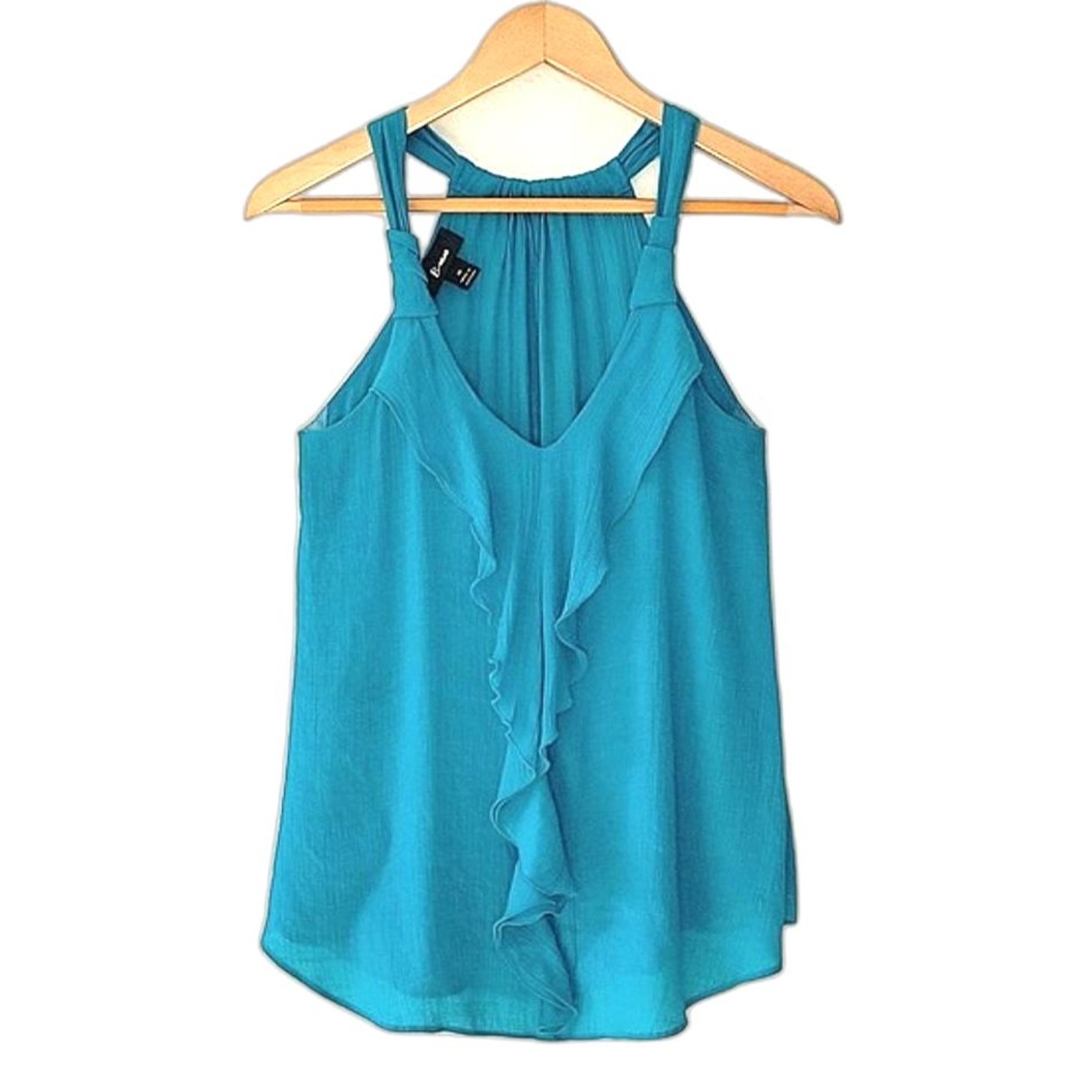 B-WEAR Teal Sleeveless Halter Tank Top size M Flowy Ruffles Pleated Preppy Boho