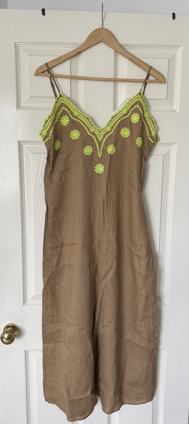 NEW Zara Women 100% Linen Maxi Sundress Mustard Neon Green Eyelets Embroidery M
