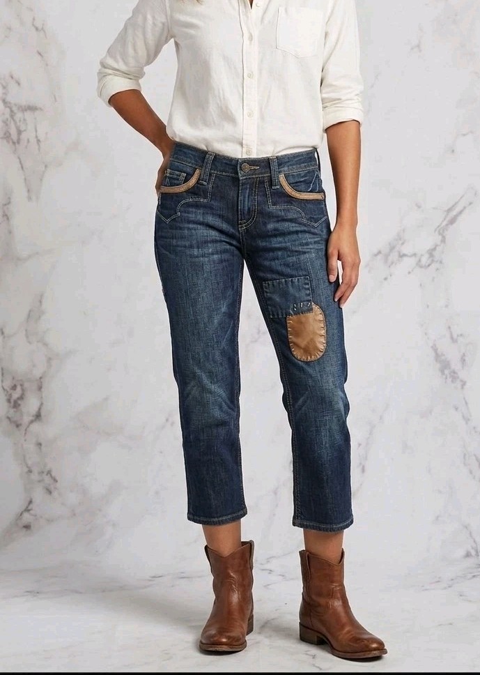 Vintage Patchwork Jeans Womens 25 X 28 Straight Mid Rise Dark Leather Denim Crop