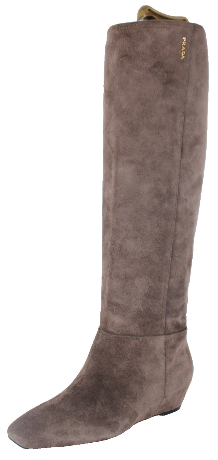 PRADA Cocoa Brown Suede Knee High Hidden Wedge Boots 36.5