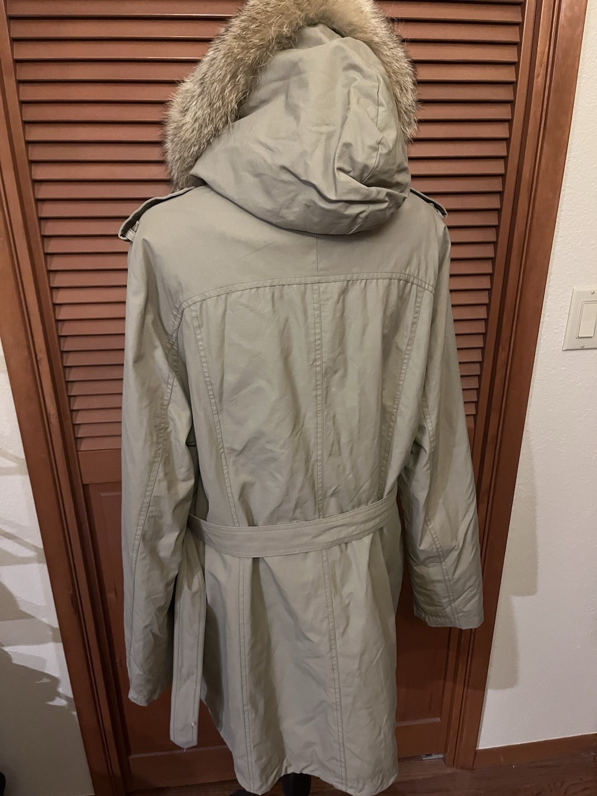 Pendleton Belted Beige Parka Real USA Coyote Fur Hood Quilted Lining Sz Xl