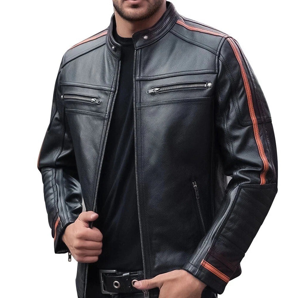 Men’s Black Leather Biker Jacket Café Racer Motorcycle Genuine Leather Jacket