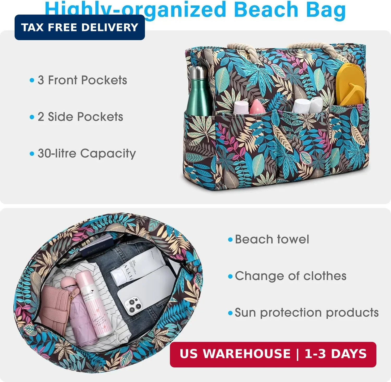 Becokan Beach Bags for Women Canvas Large Beach Tote Bag Zipper