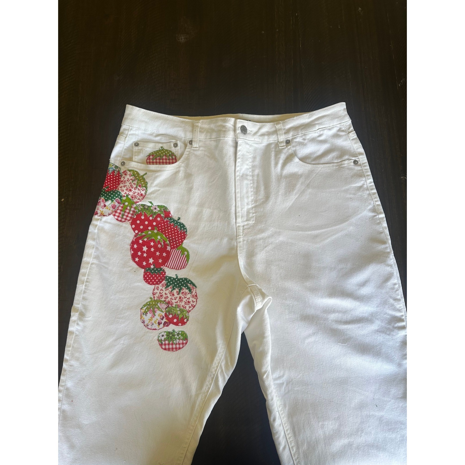 Frye Upcycled Artisan Strawberry Patchwork White Denim Jeans Cottagecore