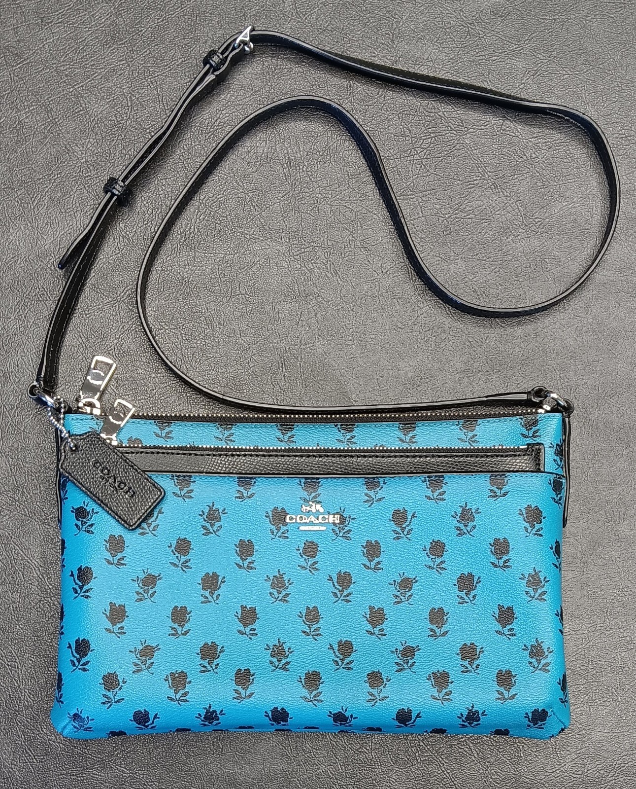 COACH Teal Blue Leather Floral Print w/ Pop Up Pouch Crossbody Bag #F38159 *READ