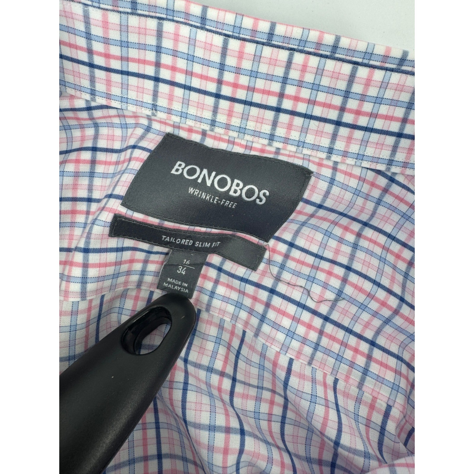 Bonobos Mens Wrinkle-Free Tailored Slim Fit Dress Shirt Blue Pink Check 16 34