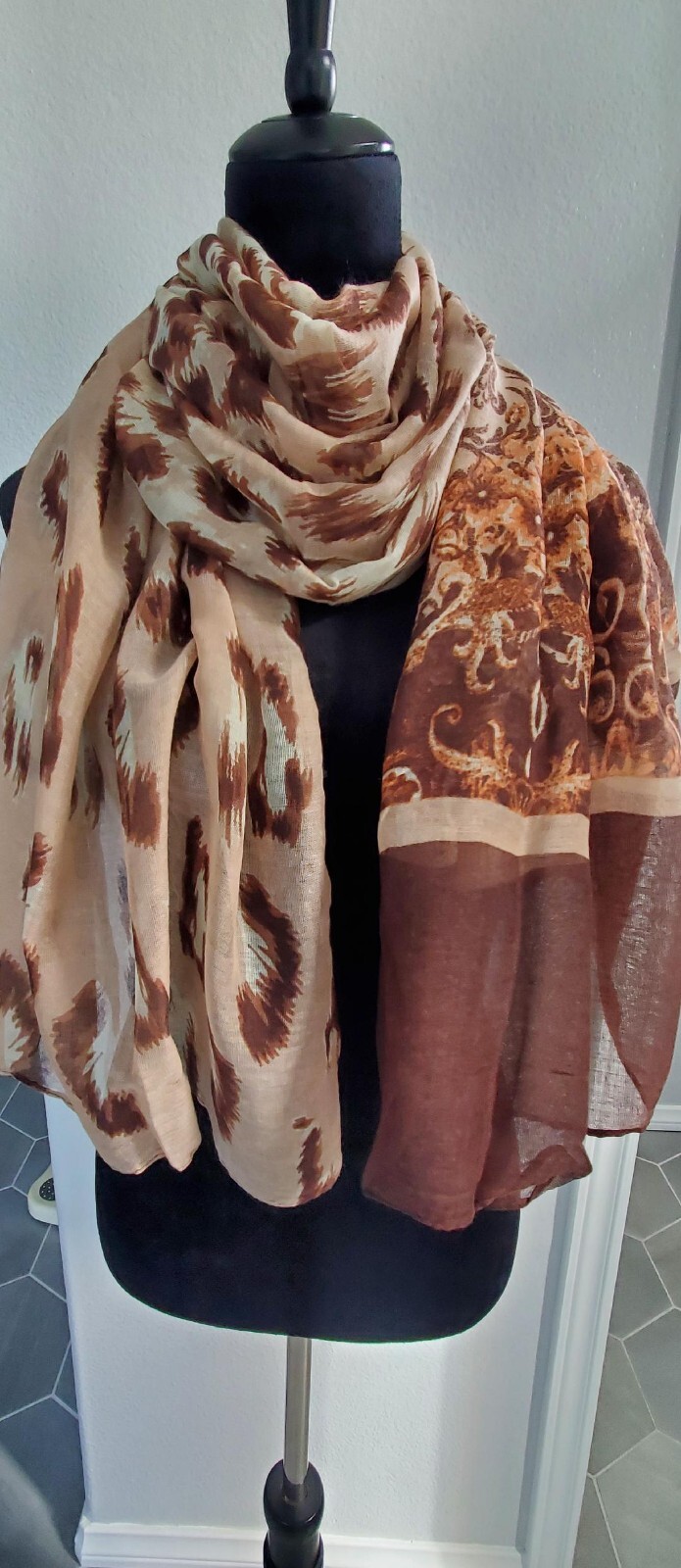 Maya Antonia Lightweight Soft Voile Scarf/Shawl,Teal-Aqua-Orange-Brown Leopard