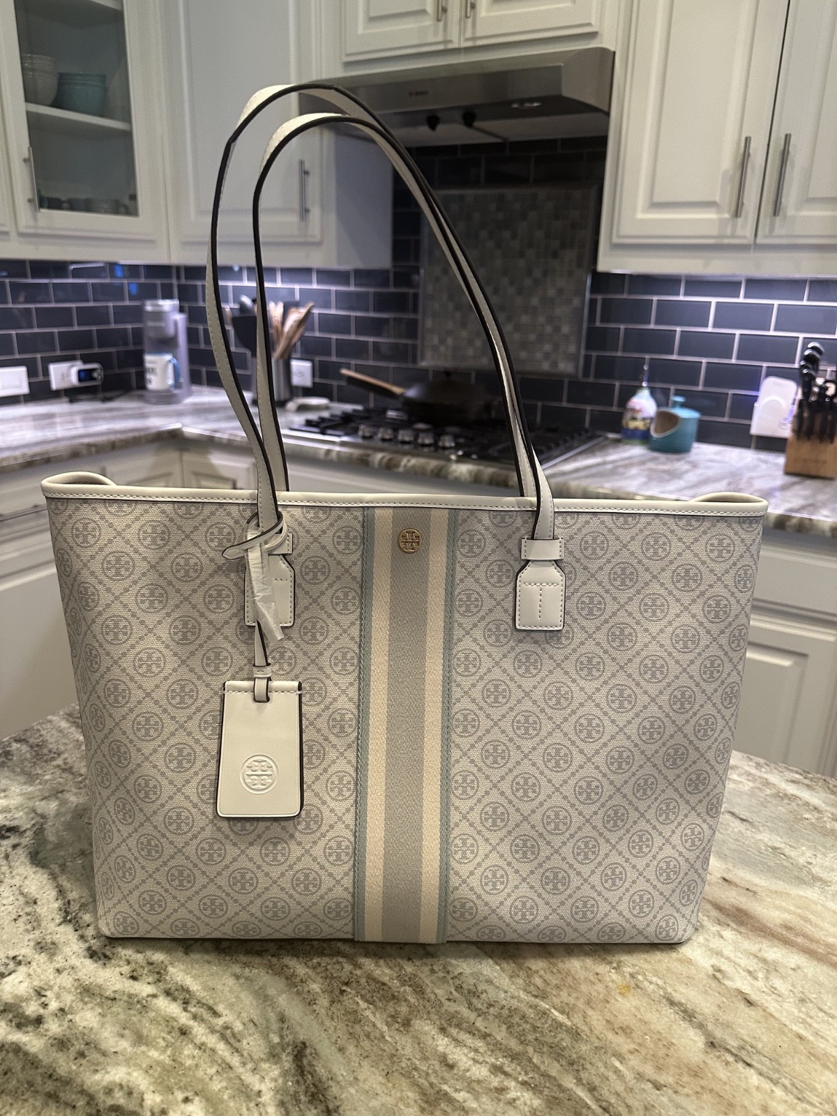 Tory Burch T Monogram Coated Canvas Zip Tote Ivory Laptop Work Bag NWOT