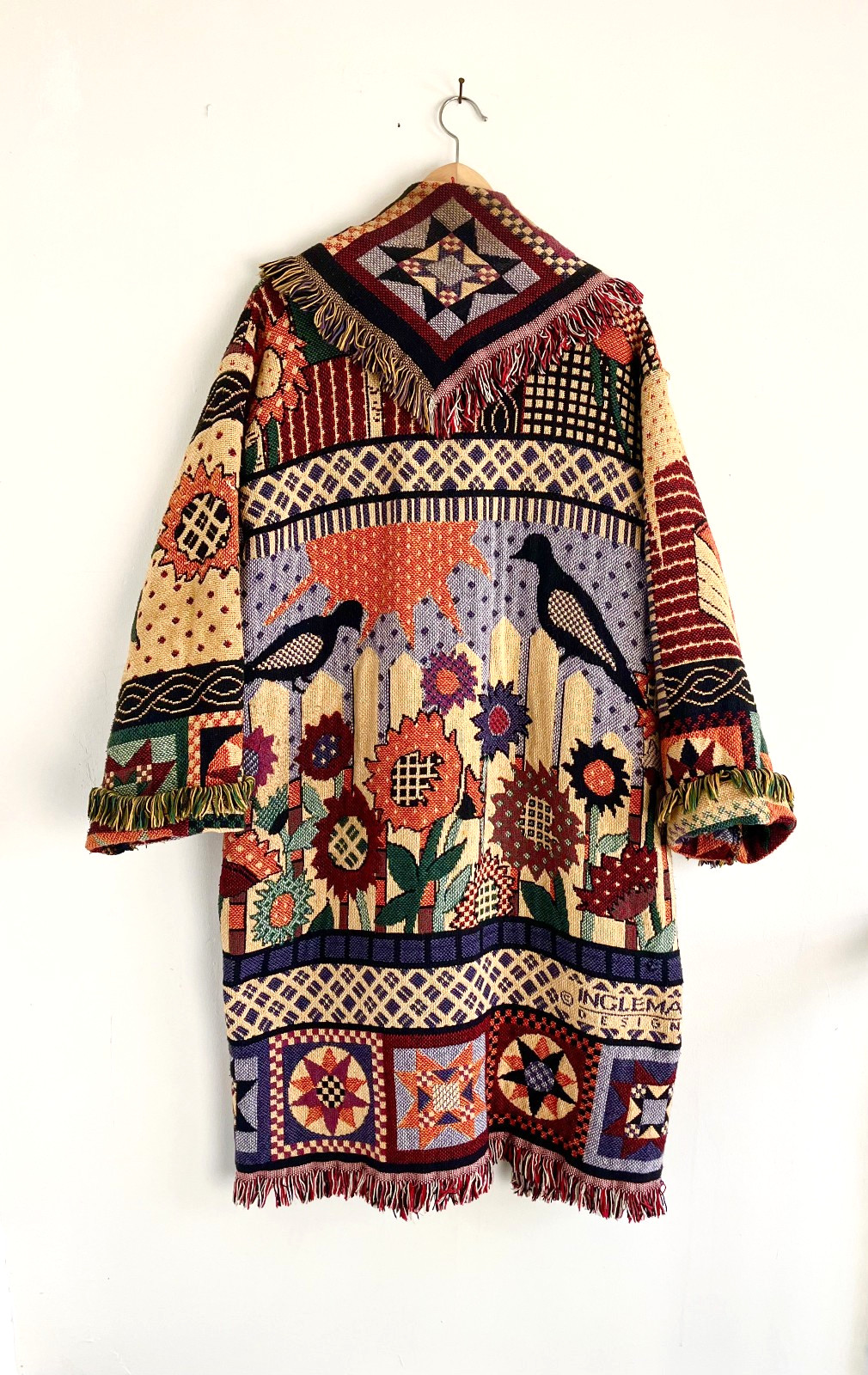 Vtg Sugar Street Weavers Jacket Tapestry Fringe Embroidered Flowers Birds OS