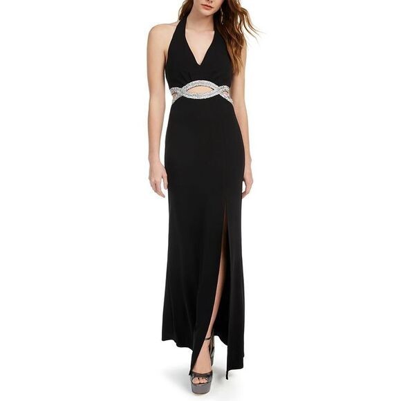 Formal Halter-Neck Cutout Bejeweled Black Prom Sexy High Split Dress Y2K Women 3