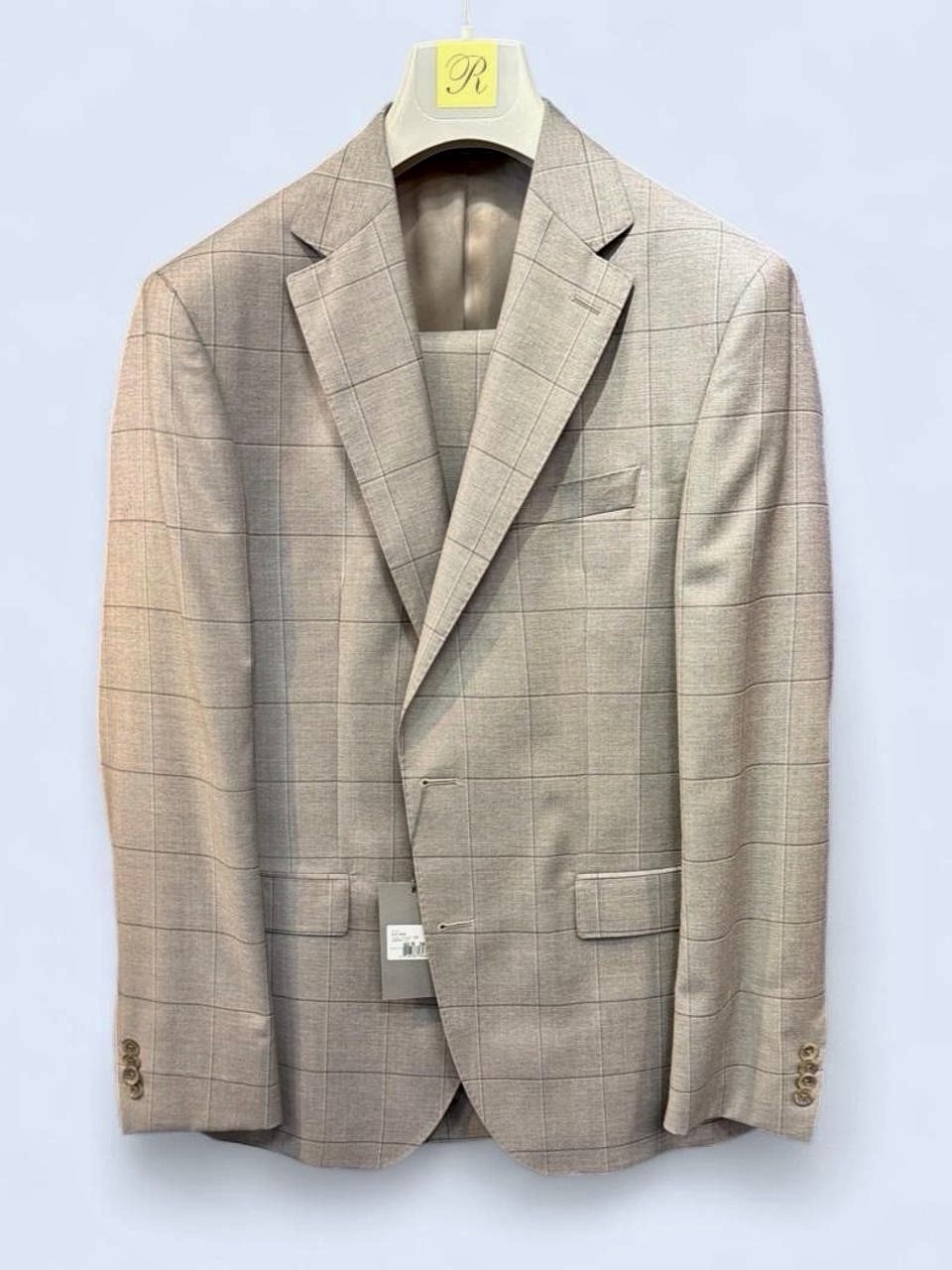 Coppley Men’s Tan Windowpane Wool 2-Piece Suit 2-Button Notch Lapel 44R