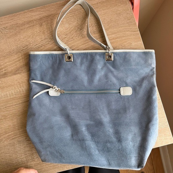N.A.N. Blue Suede Leather Trim Tote Bag Silver Hardware Shoulder Bag Large y2k
