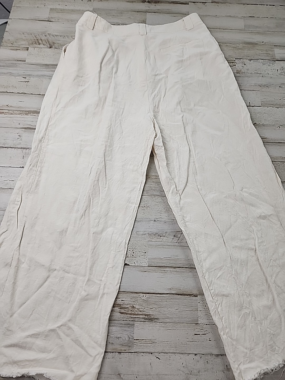 lioness linen Pants Size Medium Wide Leg Cream Fray Fringe langenlook Button Zip