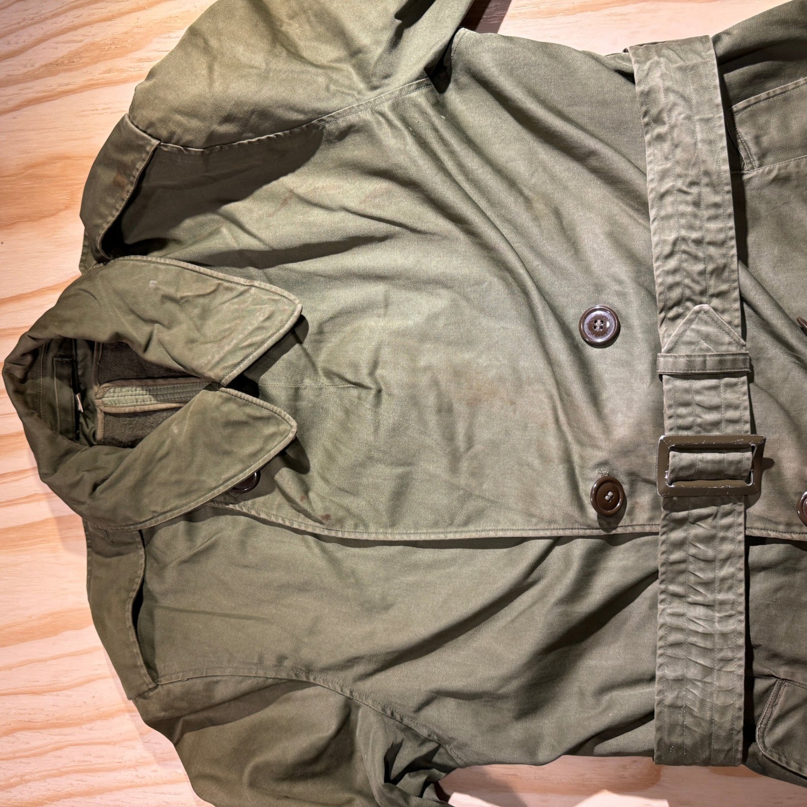 vintage US Army OG-107 sateen overcoat circa early 1950s Korean War era