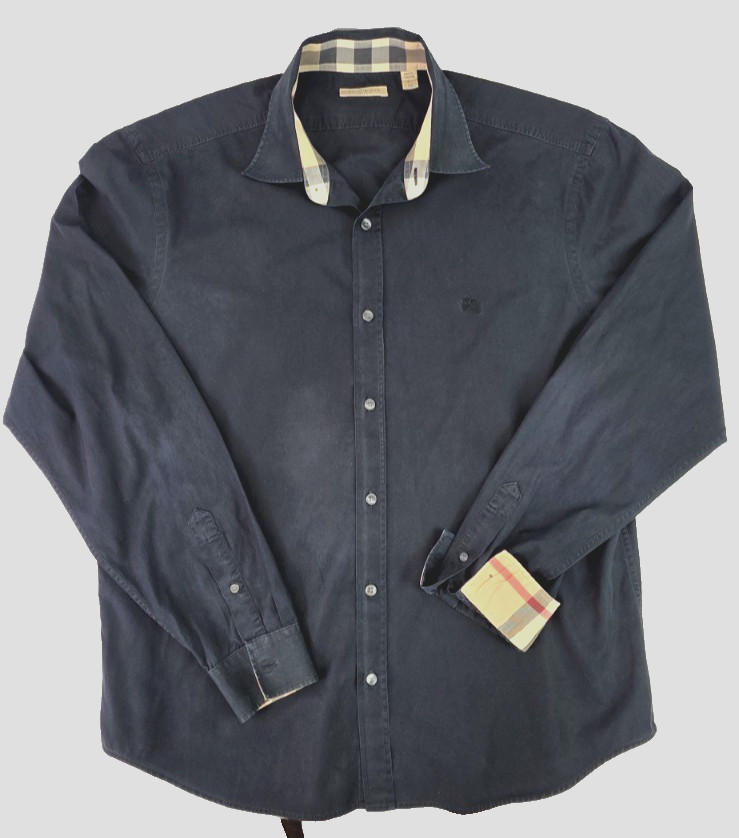 Burberry Brit Mens XL Black Long Sleeve Button Down Shirt Nova Check Cuff Collar