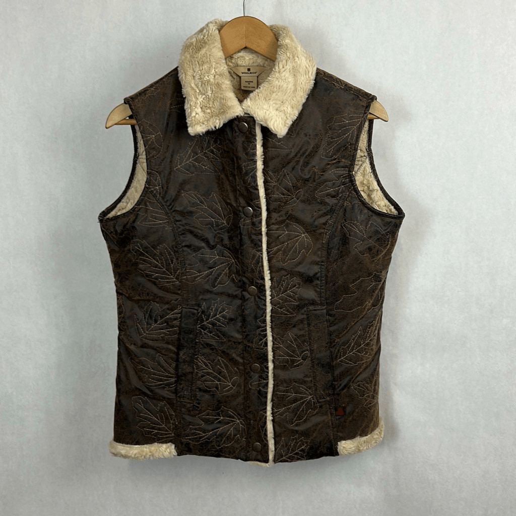 Woolrich Womens Vest Sz Medium Brown Faux Leather Sherpa Faux Fur Lined Snap But