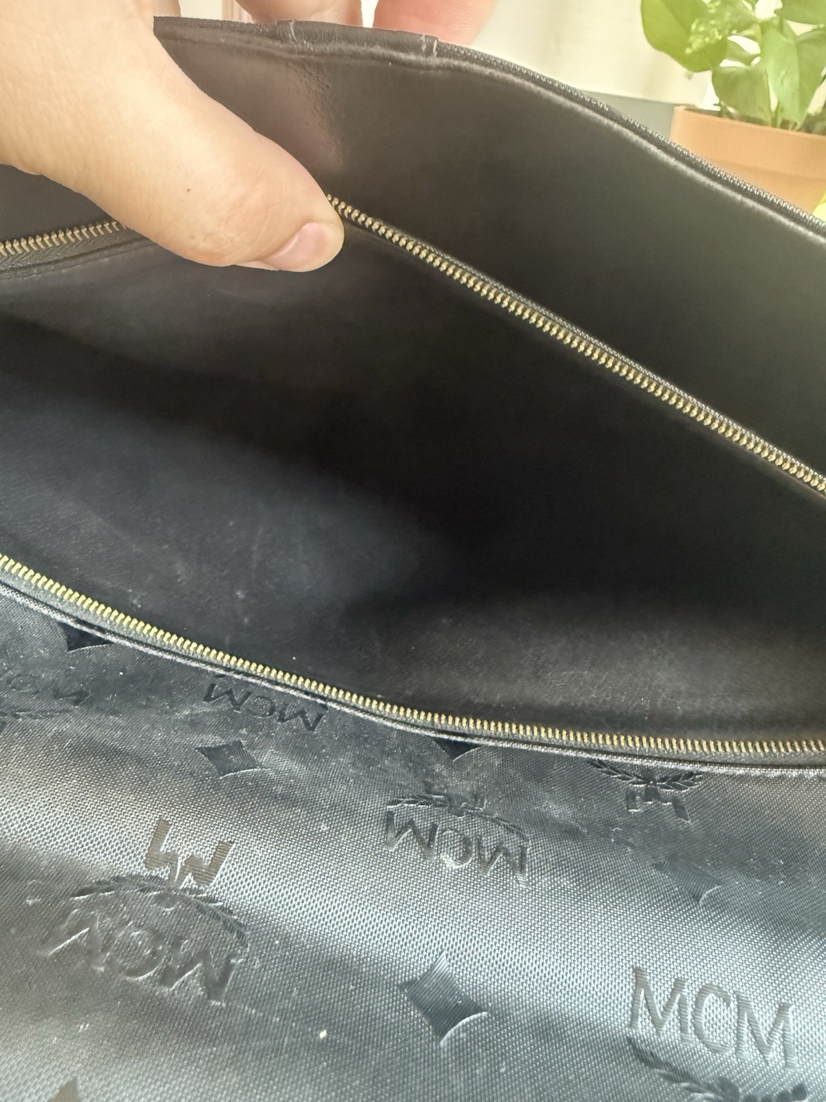 MCM Black Logo Briefcase/Document Case Top Handle Push Lock Zip, Inner Pockets