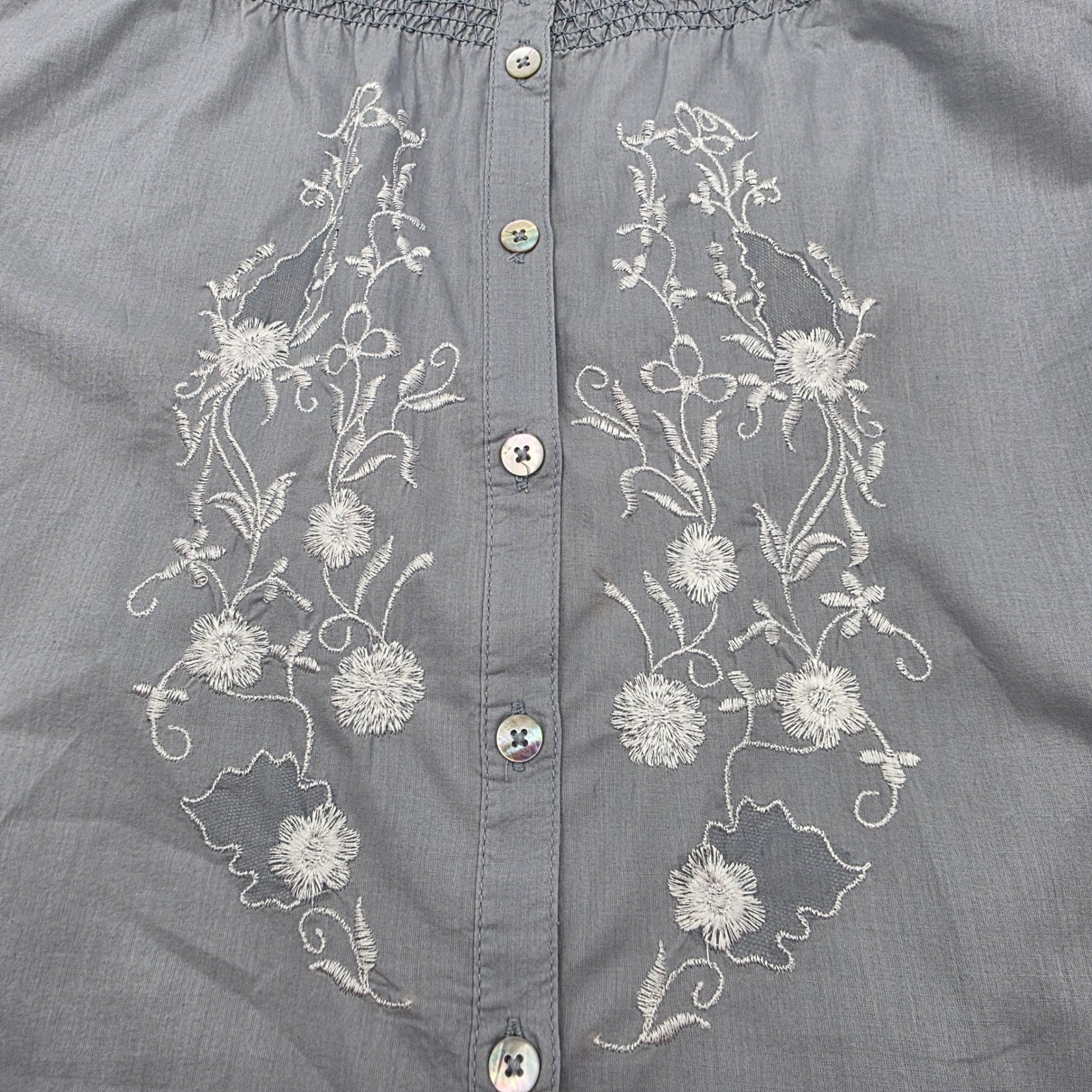 Caribbean Joe Petite L Gray Embroidered Cotton Peasant Blouse Boho Top