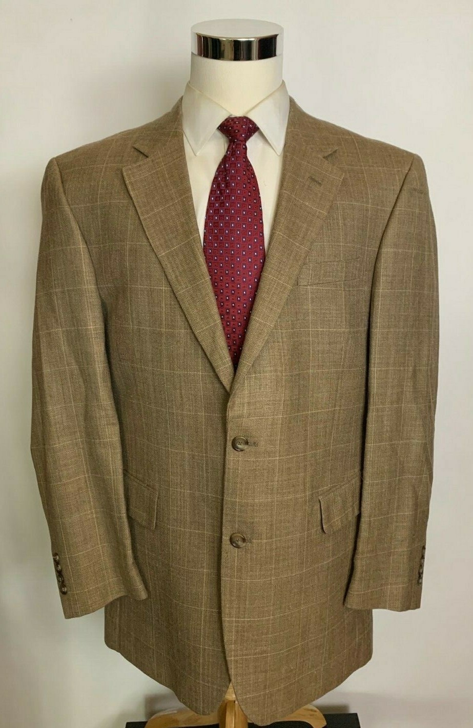 Jos A Bank Men’s Silk Wool Linen Brown Check 2 Button Blazer Sport Coat 42L