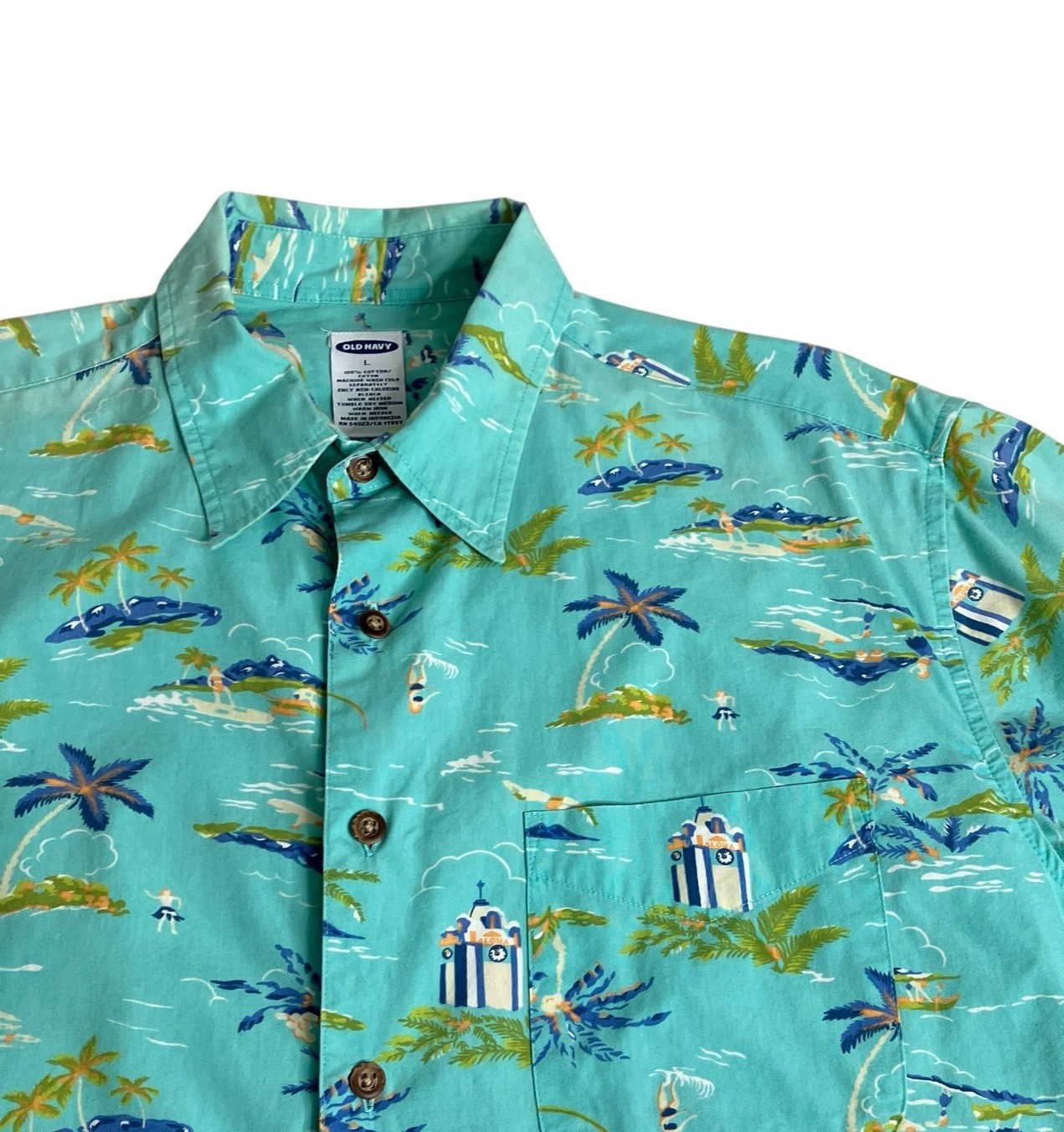 Vintage Y2K Old Navy Hawaiian Shirt Mens L Angel Fish Palm All Over Print 2001
