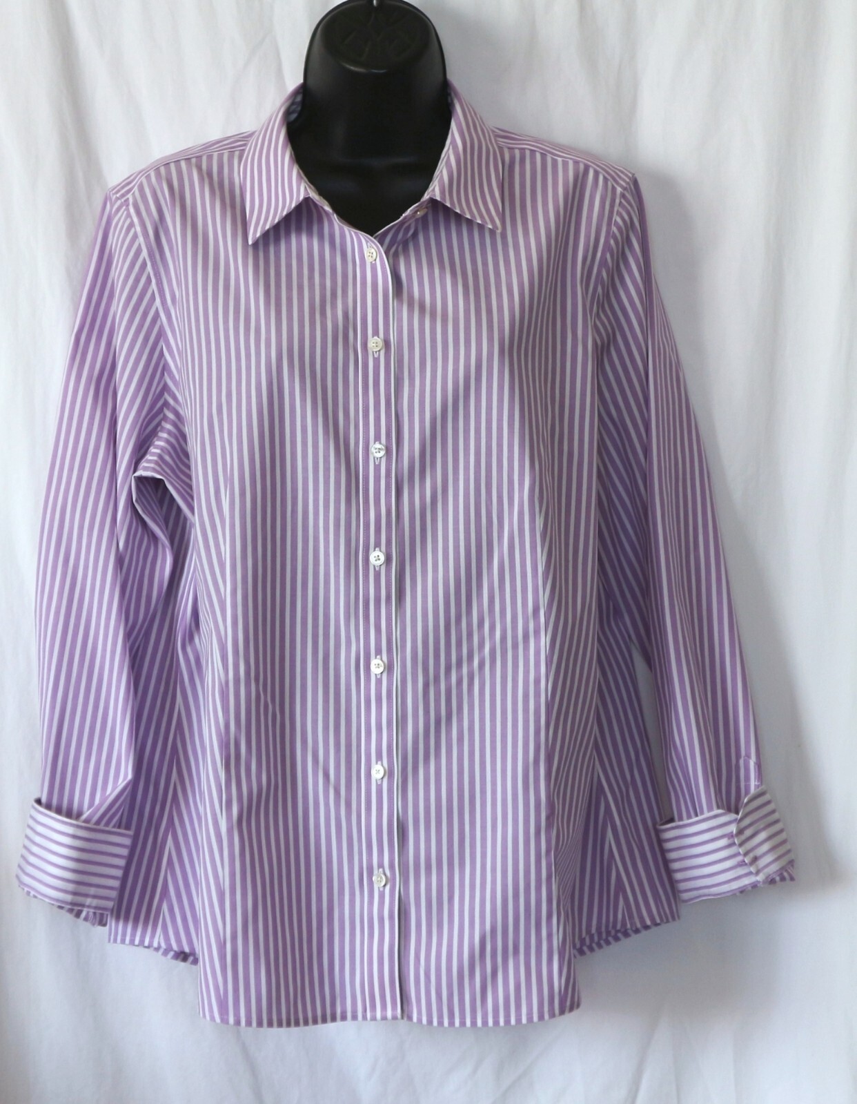 TALBOTS Lavender Striped No Iron Blouse 44 In Chest 26.5 In Long Sz 14 EXC