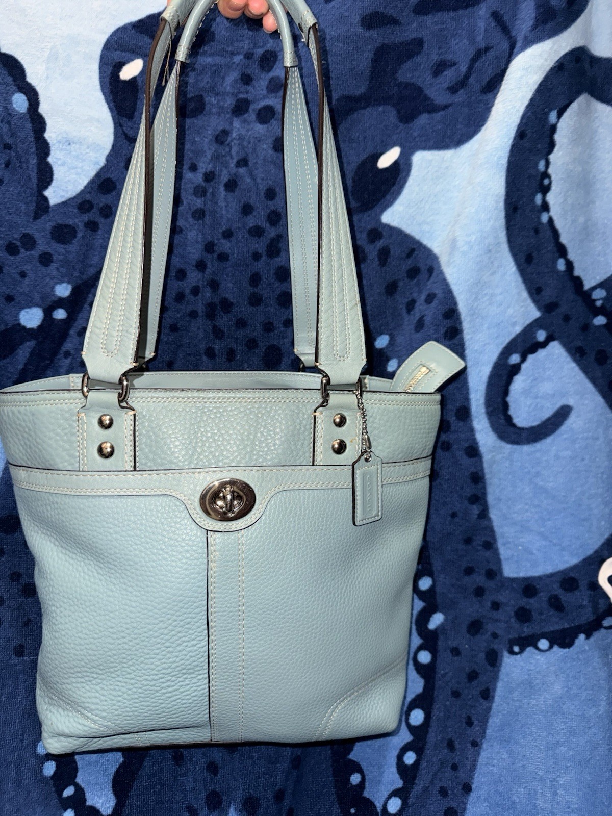 Coach Light Blue Pebbled Tote Zip Top Turn Lock Pink Lining, Charm, Medium