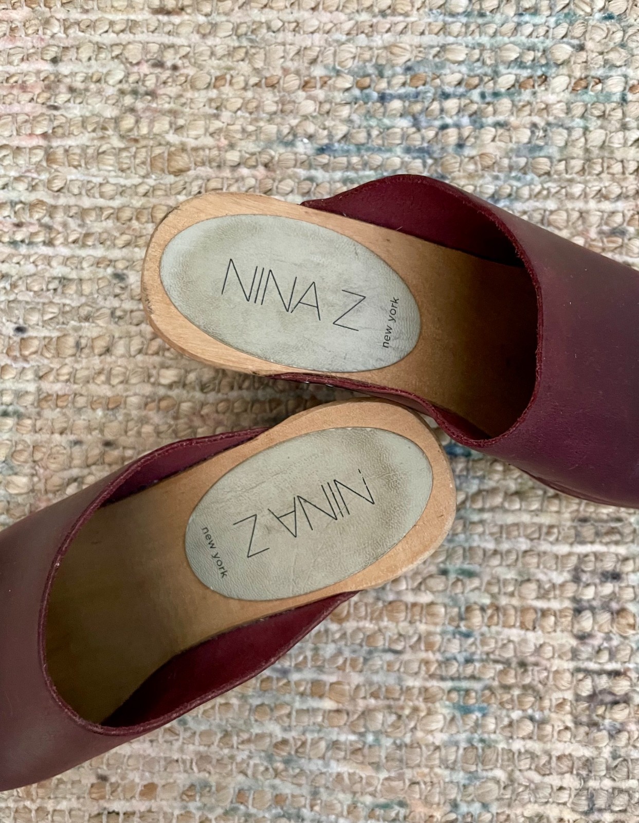 Nina Z Women’s Maroon Leather Closed Toe Slipon Wooden Wedge Clog Sandal 36 US 6