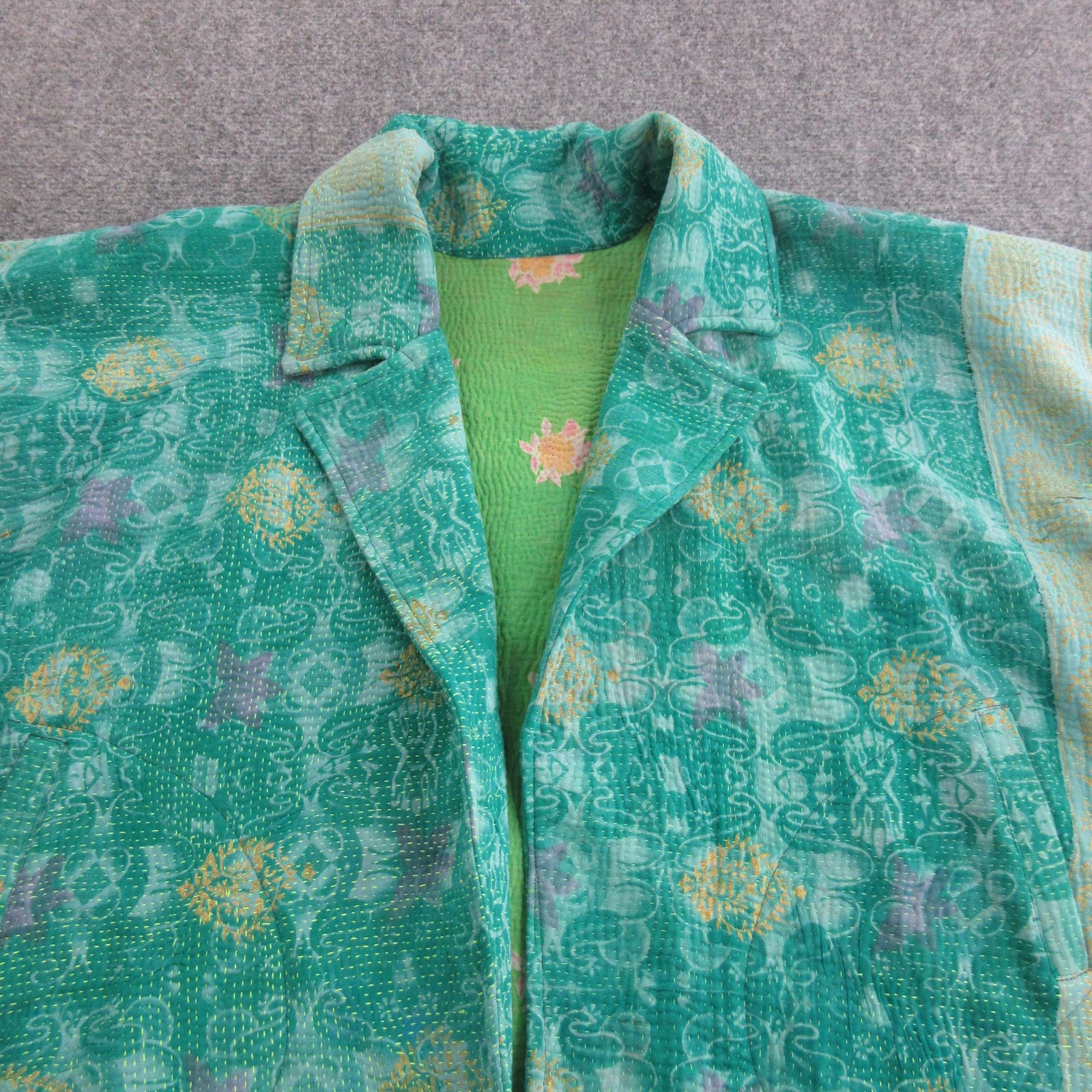 Sapana Coat Womens One Size Green Quilted Kantha Blanket Floral Boho Open Front