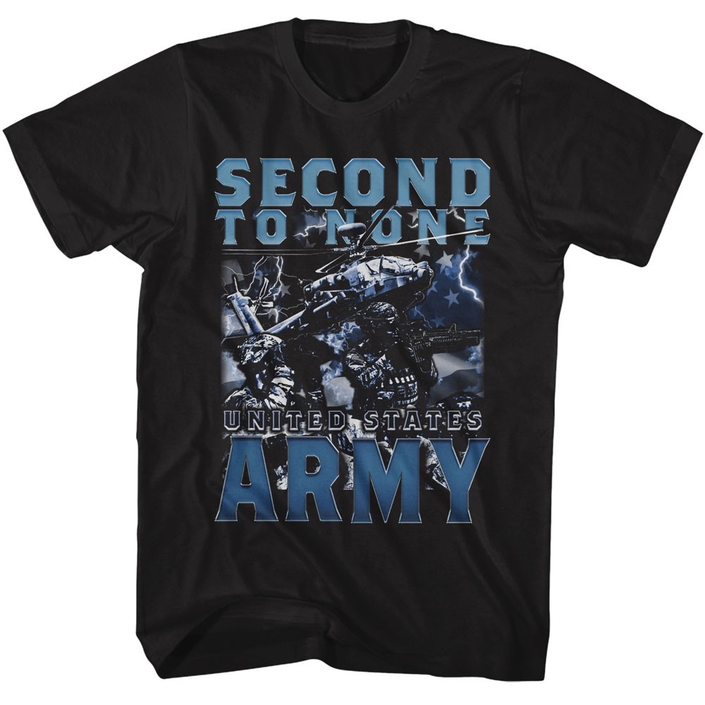 US ARMY Second To None Black T-Shirt Helicopter Soldiers Flag Graphic Tee New
