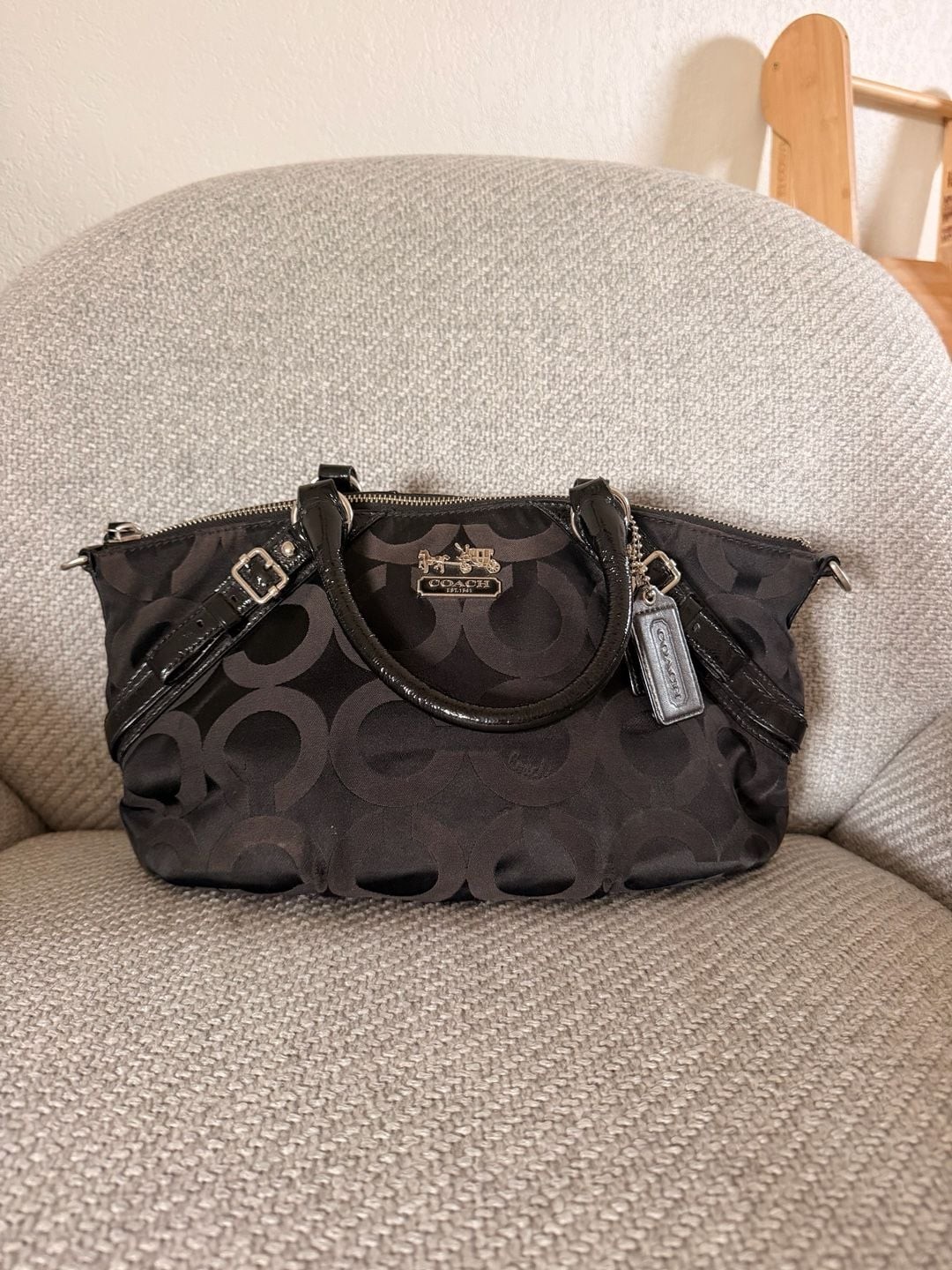 Coach Madison Black Signature Op Art Sophia Satchel with Patent Leather Trim