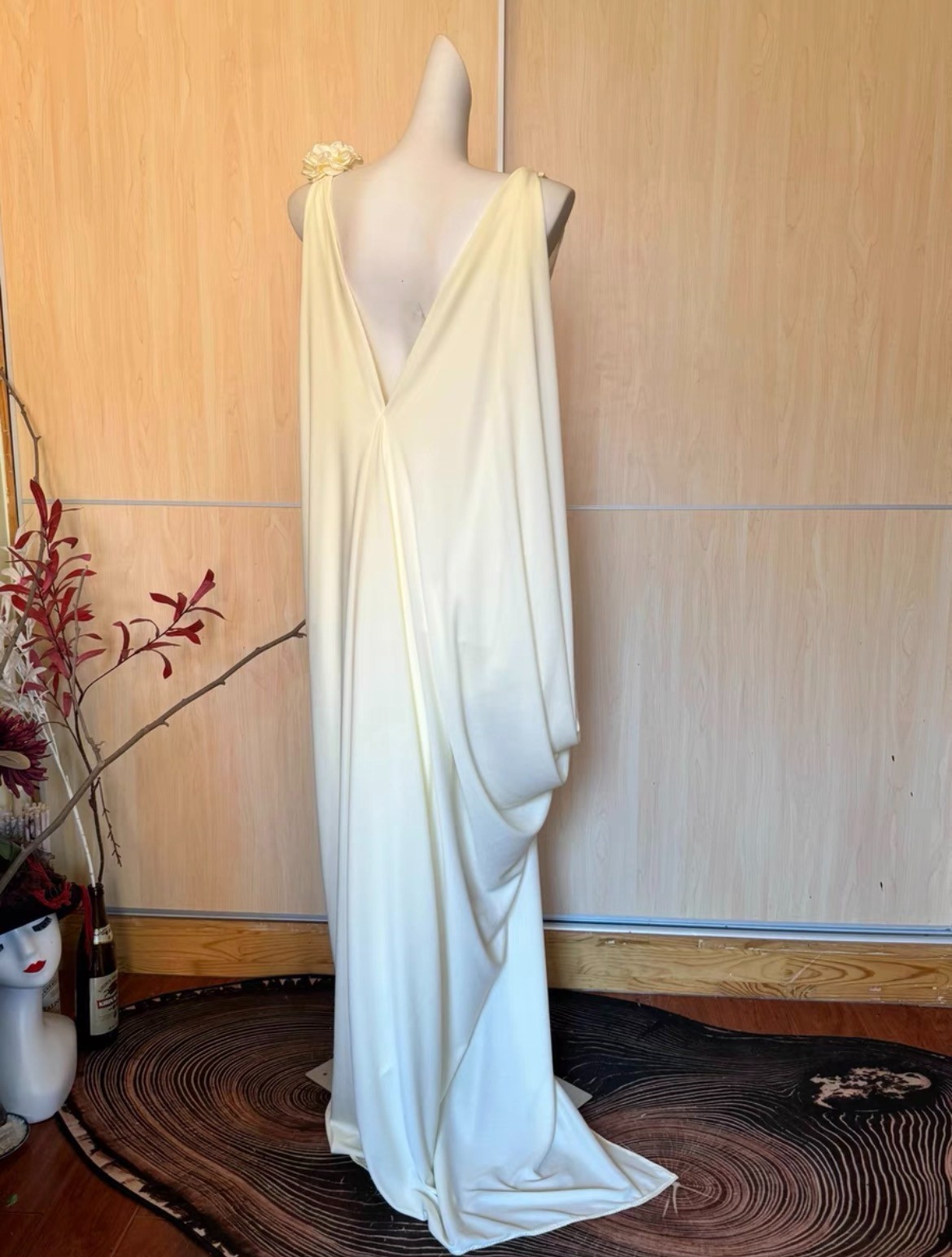 Handmade Greek Goddess Maxi Dress V Neck Backless Draped Floral Ivory Gown