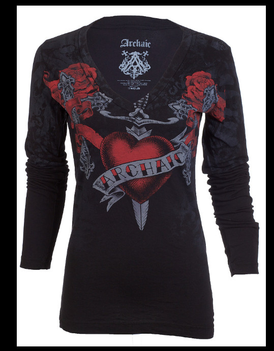 ARCHAIC by AFFLICTION Black HEART STRUCK Sinful Womens Long Sleeve T-shirt NWT