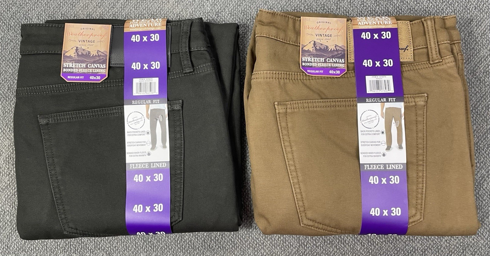 Weatherproof Vintage Men’s 40×30 Lot of 2 Fleece Lined Canvas Pants Brown & Gray