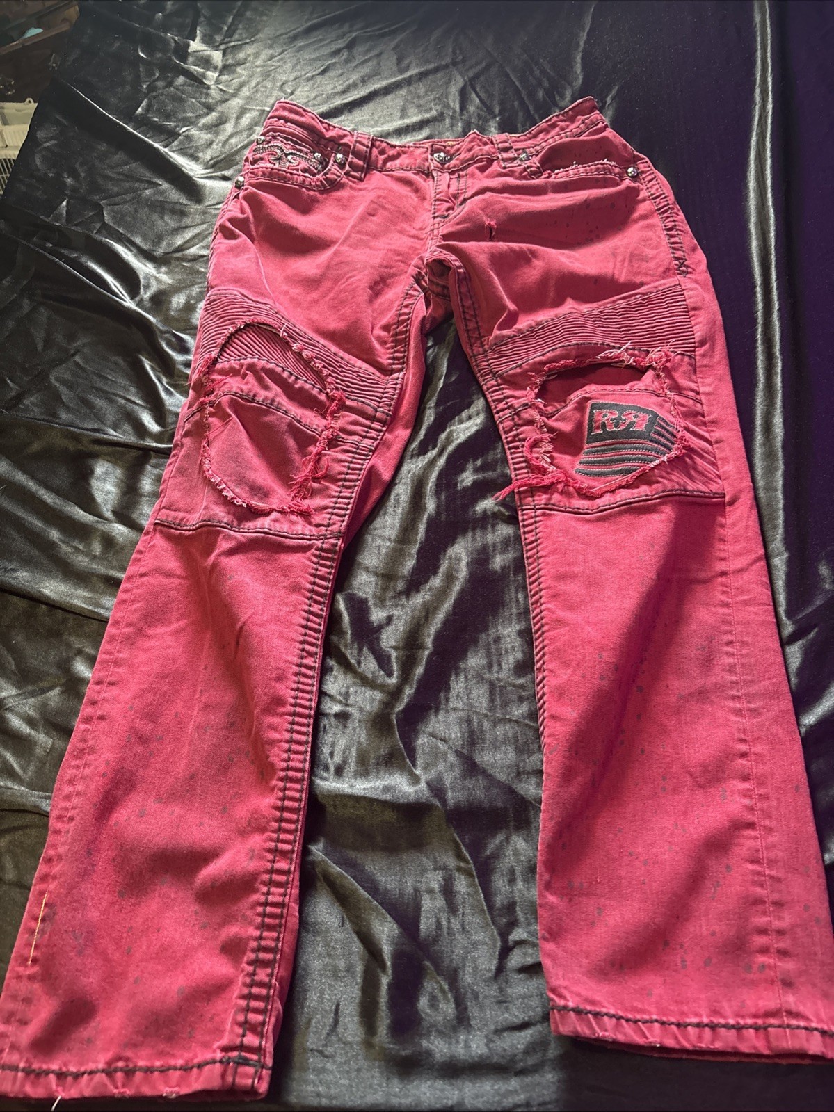 Rock Revival Barrett Biker Jeans Mens 34 Red Studded Moto
