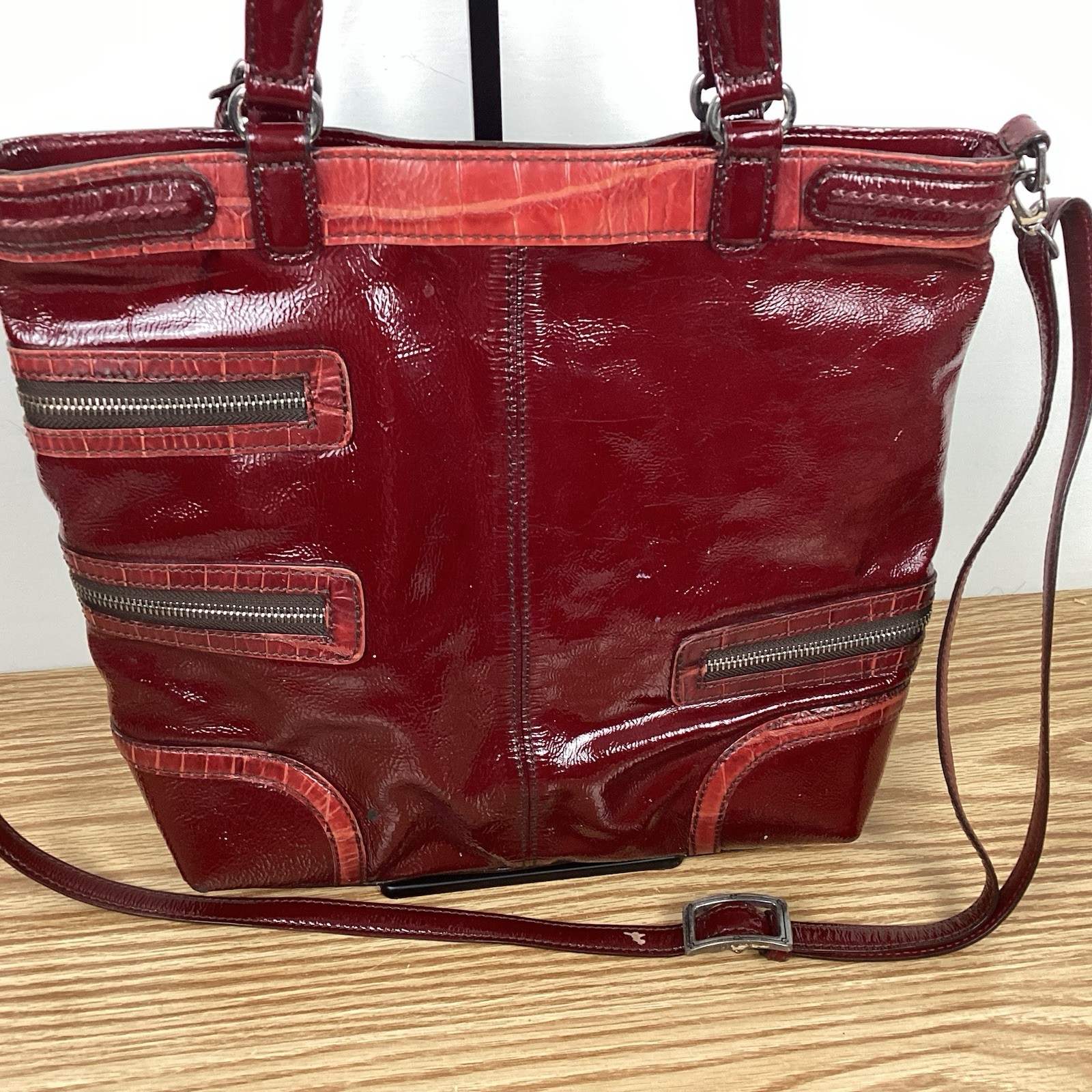 Brighton Kaelan Pocket Tote ORGANIZER Patent Leather Red Med Tote Shoulder Bag