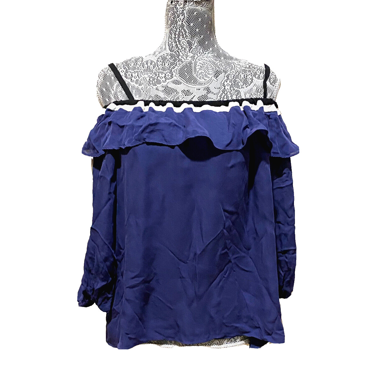 Parker Silk Tunic Top Blue Off Shoulder Ruffle Overlay Spaghetti Strap Shirt