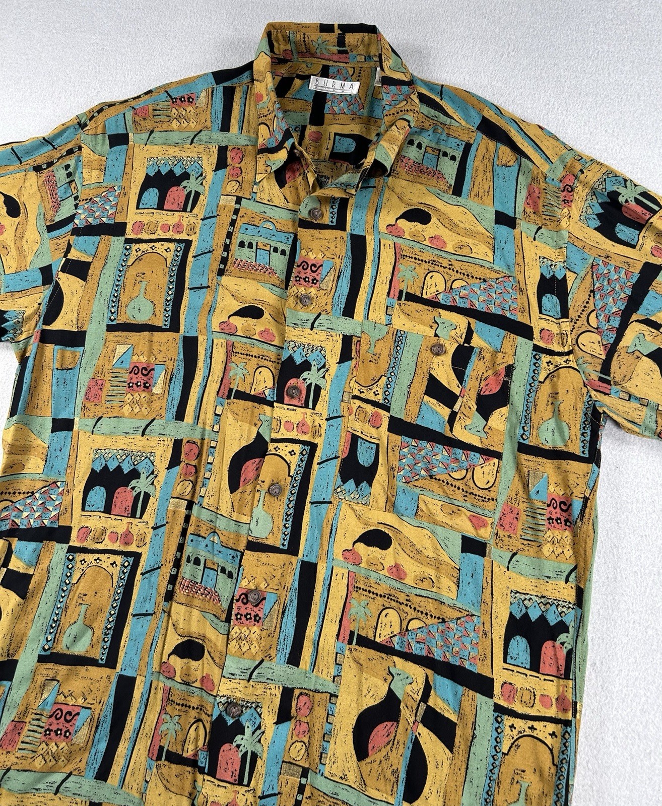 Burma Bibas Mens Short Sleeve Button Up Shirt Size M Loud Print Unique