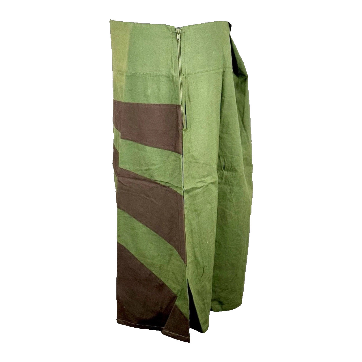M&L Midi Skirt Medium Green With Brown Sunburst Pocket Zipper Hip 100% Cotton