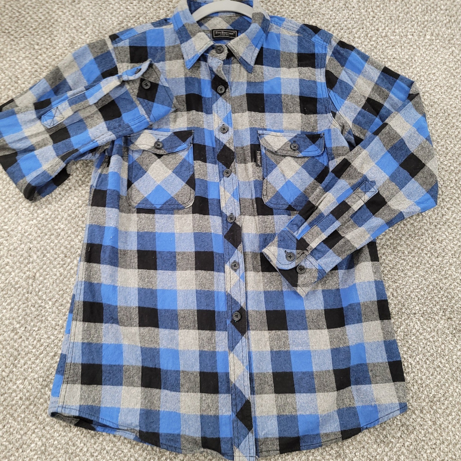 Five Brother Mens Blue Black Grey Plaid Flannel Button Down Shirt Large Cotton