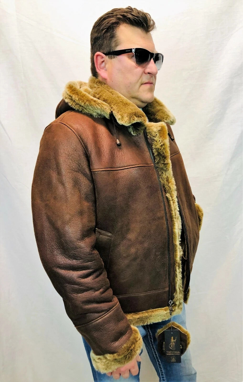 Men’s Genuine Whiskey Sheepskin Shearling Leather Bomber B3 Pilot Coat Jacket