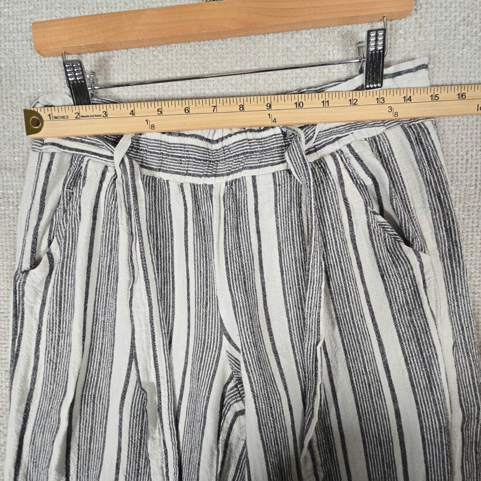 Rewind Womens Striped Linen Blend Wide Leg Paperbag Waist Pants Black White M
