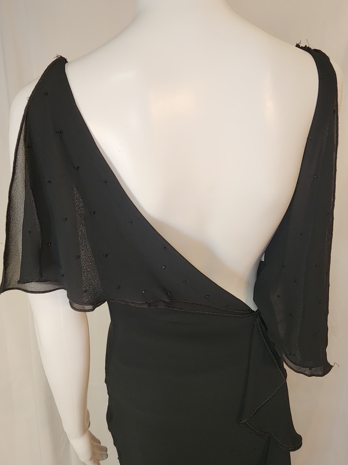 Lucia Figuredo,Black,Cascading Plunge,Flowing Sheer Overlay,Below Knee,SM,NWOT