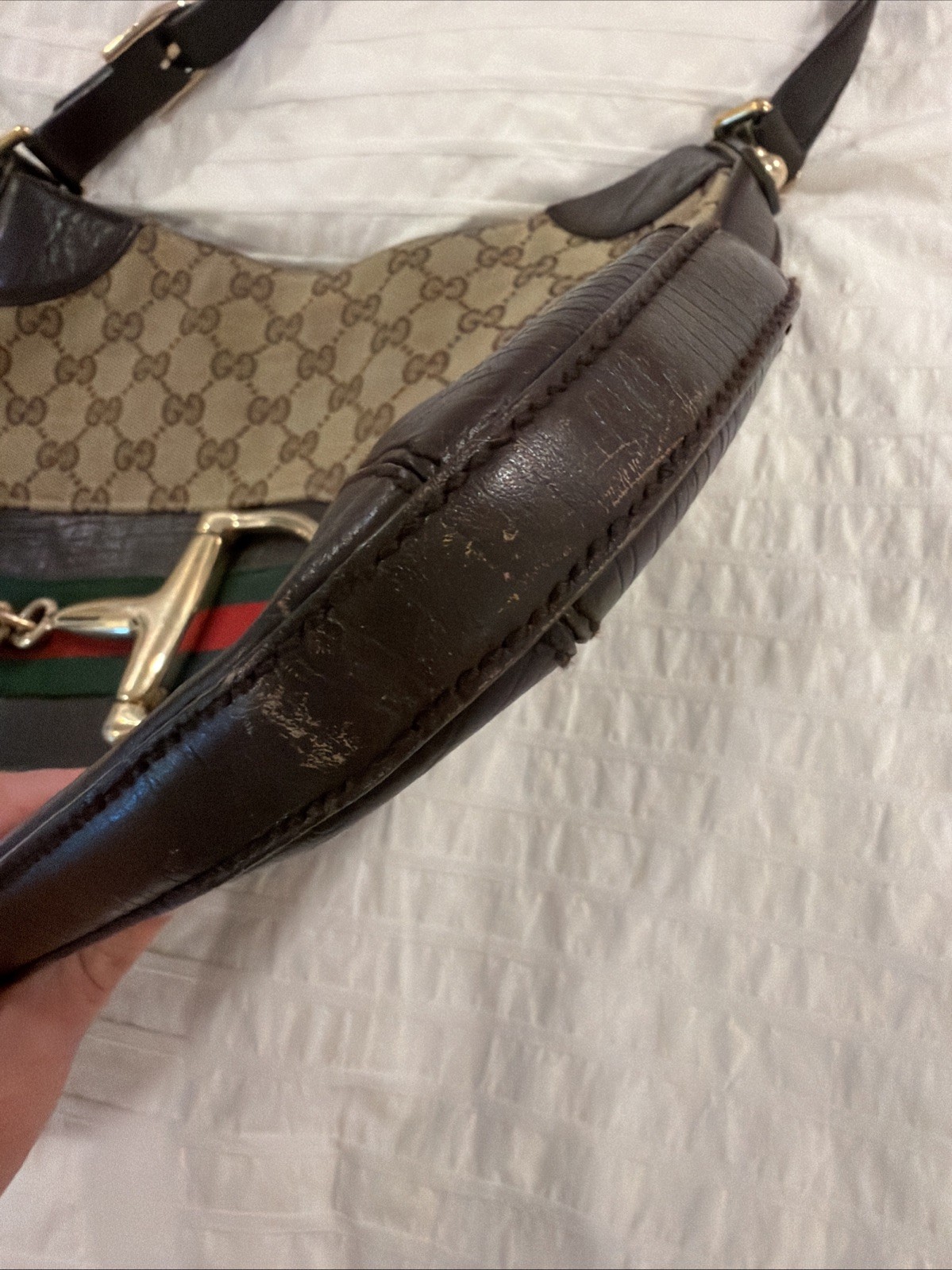 Gucci Heritage Horsebit Hobo In GG Canvas, Brown Leather Gold Bit