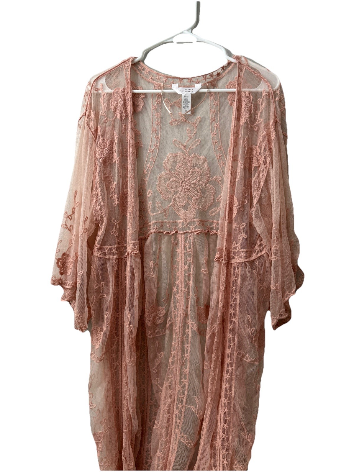 Women’s LC Lauren Conrad Pink Sheer Lace One Size Kimono Duster Cardigan cover